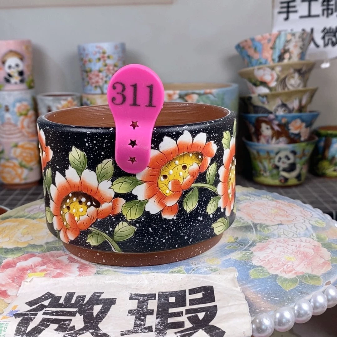 紫砂花盆红陶手绘花盆