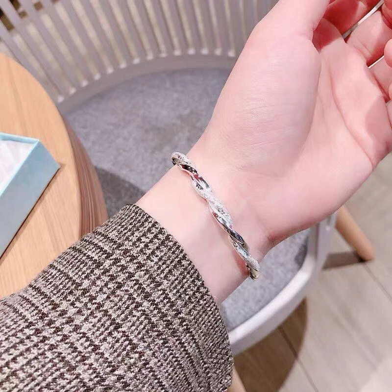足银手镯Y38足银9999麻花推拉银镯小清新时尚款实心
