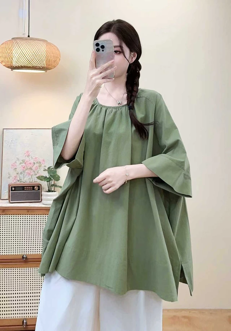 圆领套装夏季宽松简约文艺风女士棉麻田园套头衬衫大码女装