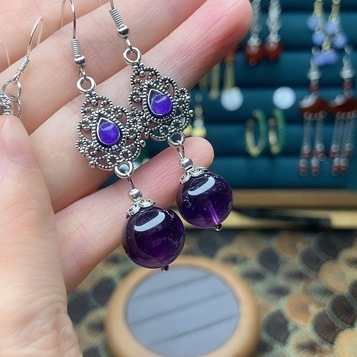 石英质玉耳钉银S925镶嵌