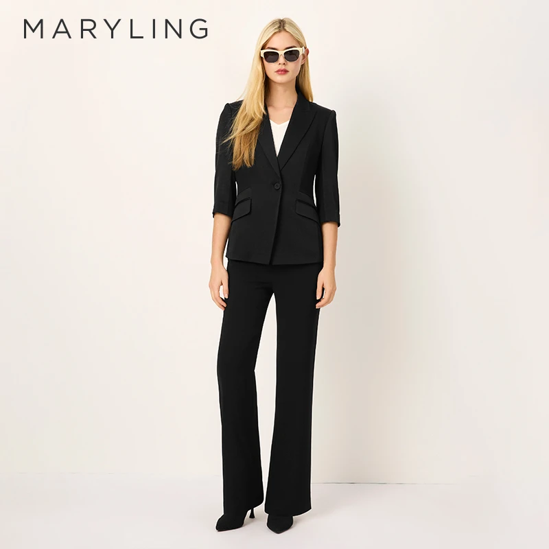 MARYLING玛俪琳2025春季新品黑色小直筒松紧腰微喇长裤A1FBW51140