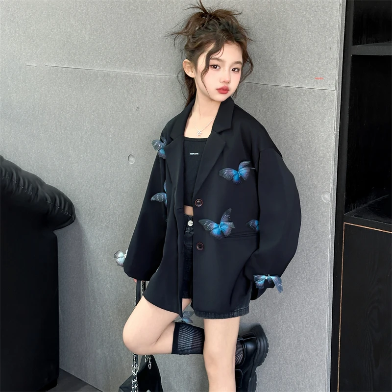 【酷哒仔】女童小众蝴蝶西装外套2025春秋中大童潮酷范儿黑色外套韩