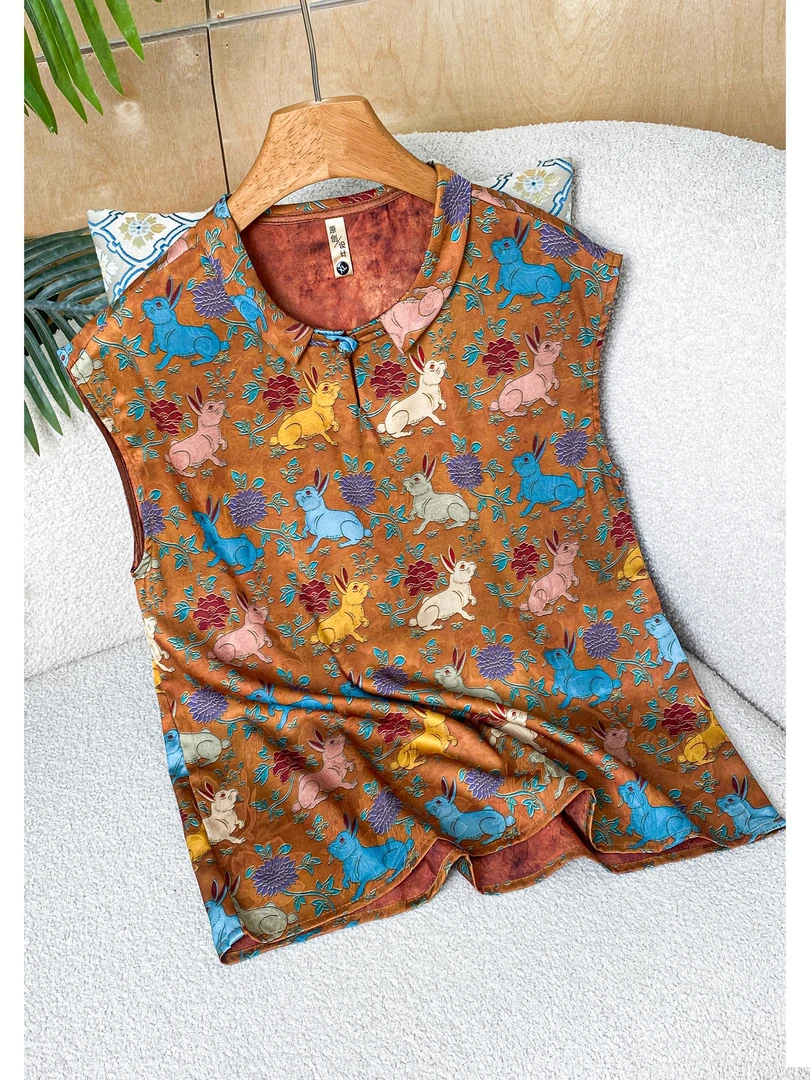 175 新中式国风手绘兔子香槟金翻领飞袖上衣时尚百搭显瘦小衫女