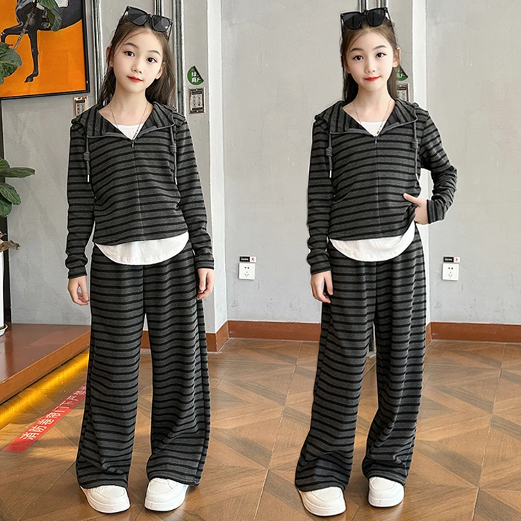 女童春秋新款条纹连帽卫衣套装洋气女宝宝假两件上衣休闲裤两件套