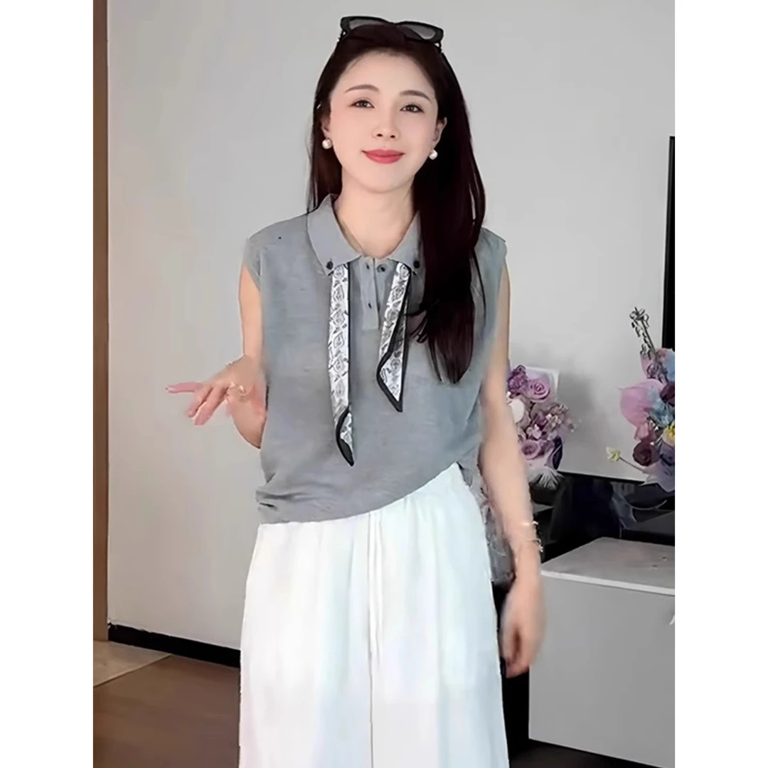 翻领气质丝巾无袖背心针织衫女装夏季新款休闲百搭Polo领坎肩上衣