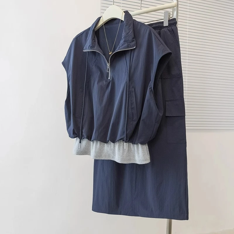 大码女装夏季搭配一整套胖mm藏蓝色工装风盐系炸街速干面料套装裙