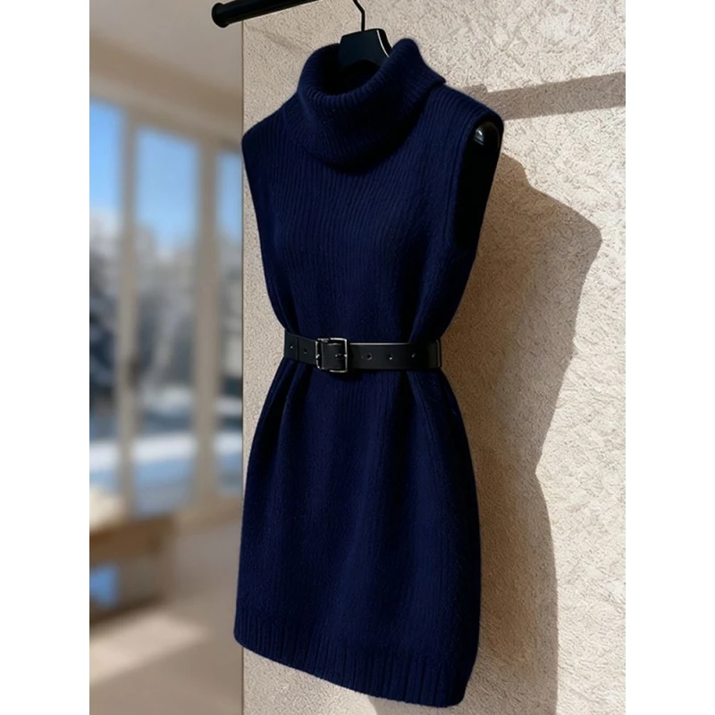 出席重要场合的裙子小个子气质收腰叠穿藏蓝针织高领背心连衣裙