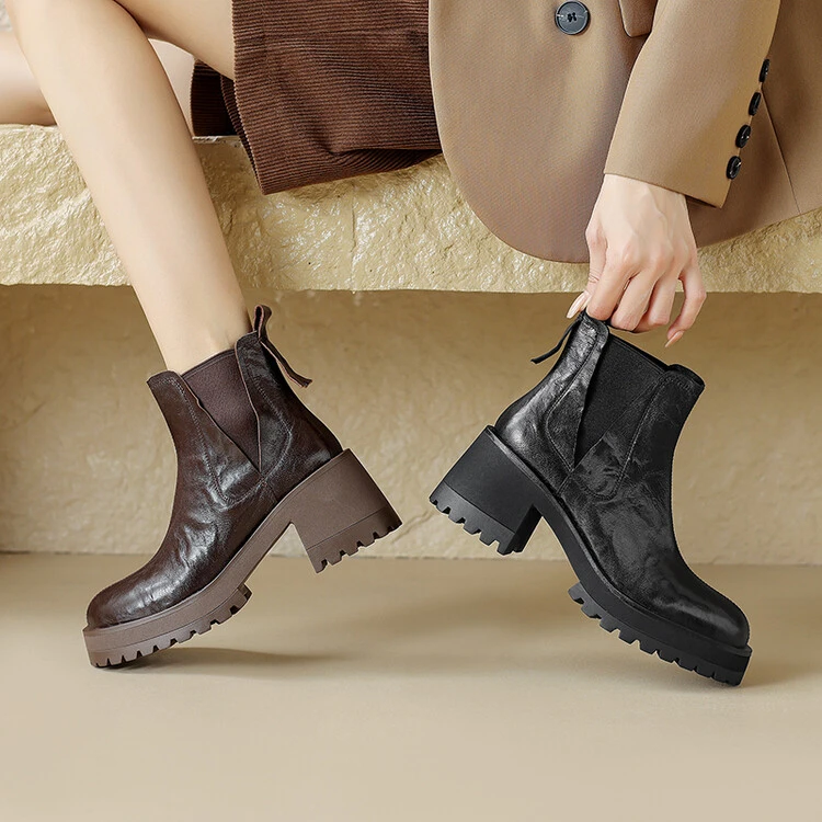 7cm~法式复古高跟切尔西短靴女2025秋冬新款圆头厚底粗跟马丁靴女