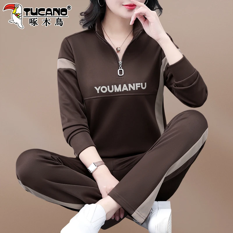 啄木鸟半拉链运动套装女新款春秋时尚洋气妈妈休闲卫衣两件套