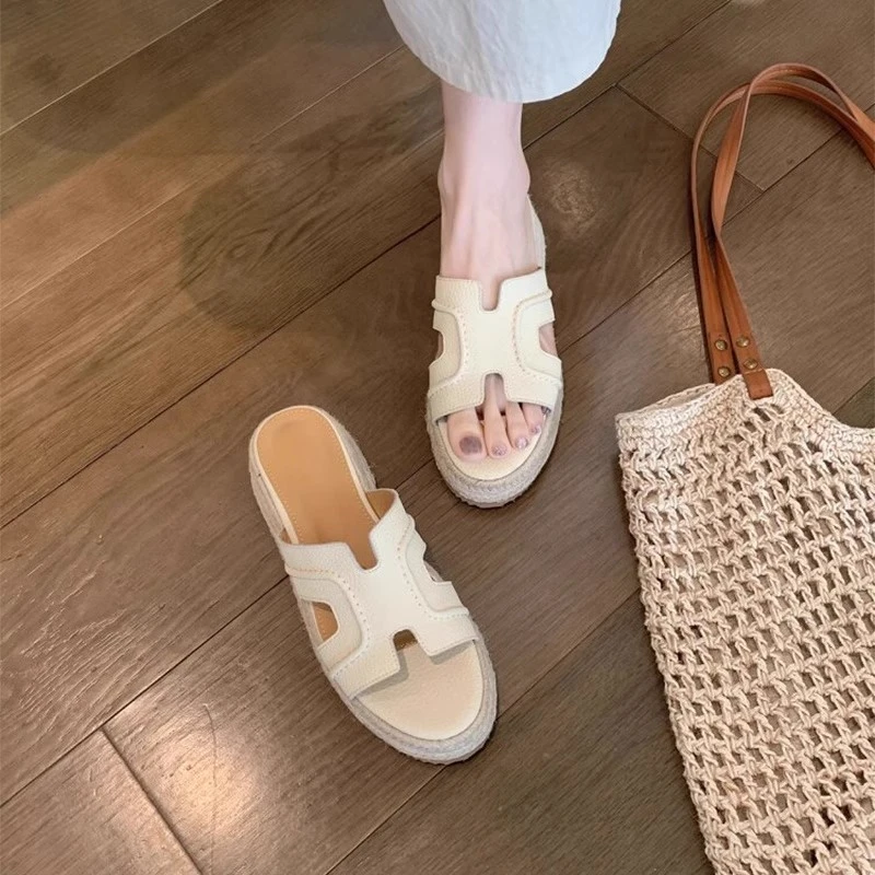 真皮~露思同款草编松糕鞋厚底高跟一字拖鞋女夏外穿增高坡跟凉鞋