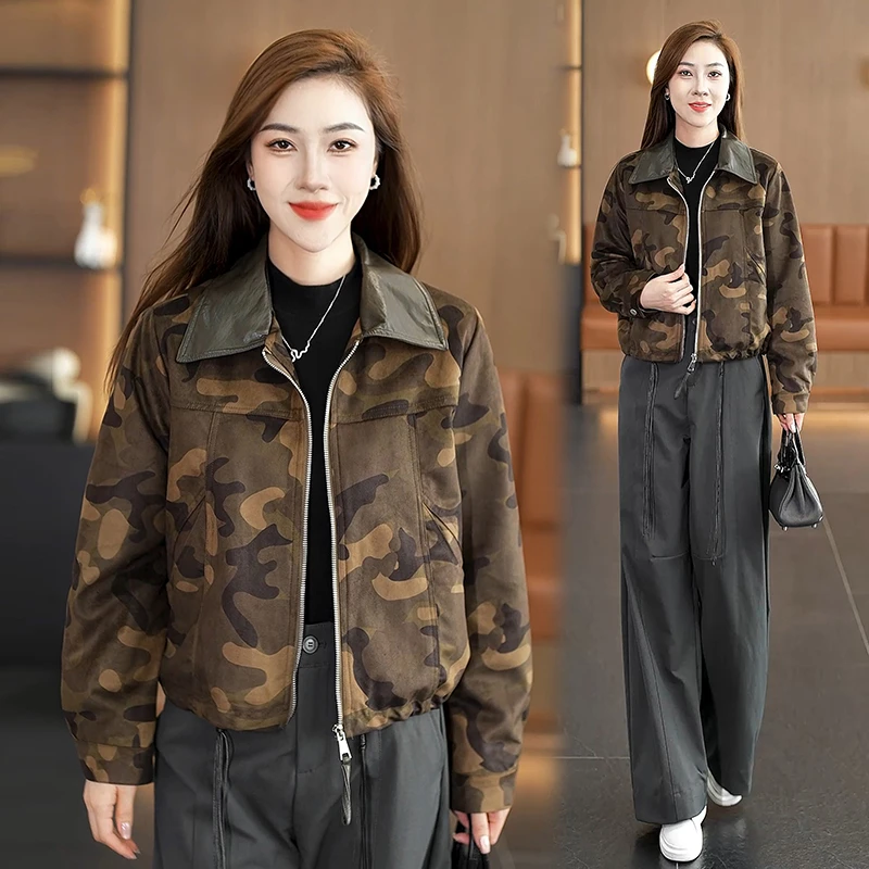 休闲风时尚百搭磨毛迷彩短外套女2025秋季新款小个子短款夹克衫潮