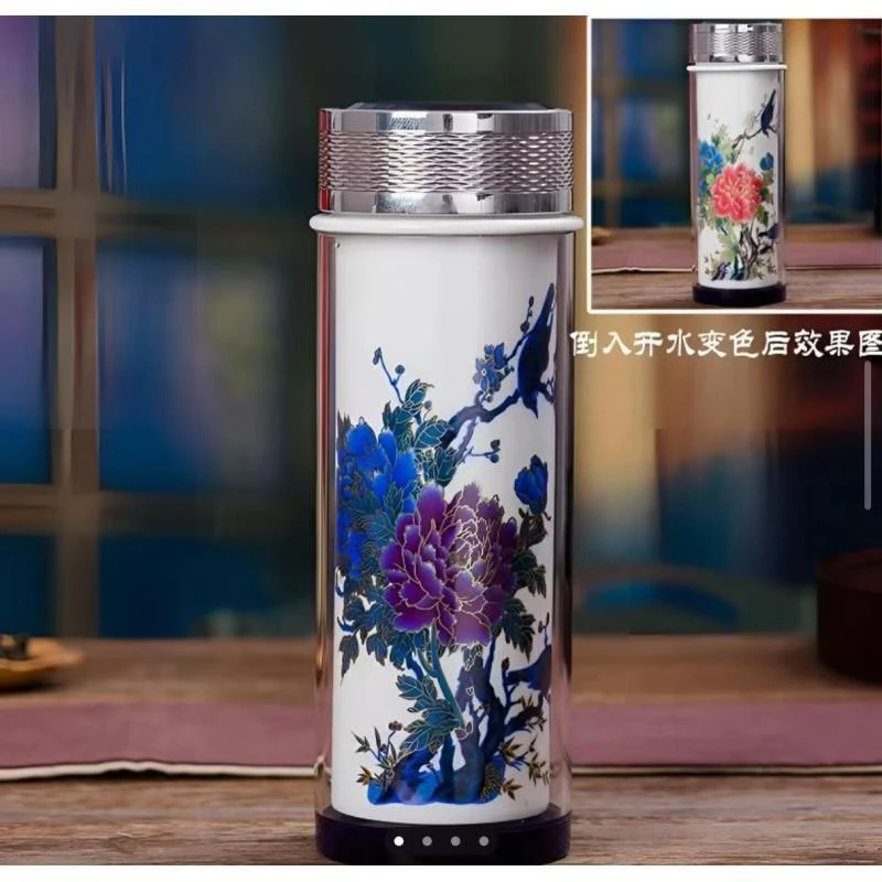 S景德镇陶瓷正品牡丹变色杯水杯999杯子礼品茶杯保温杯内胆保健杯