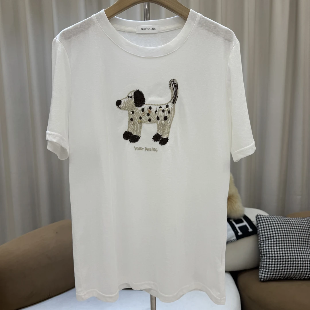 zaw大码女装小狗刺绣T恤女短袖显瘦遮肚子减龄洋气胖mm上衣/25200