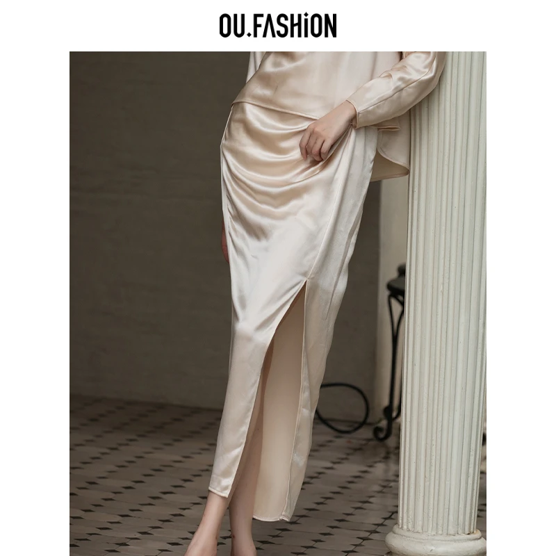 【商场同款】OU.FASHION/欧点醋酸开衩半身裙长裙1112430057