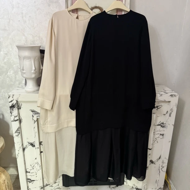 燕小姐【优雅永恒】系列重磅真丝拼接圆领纯色连衣裙