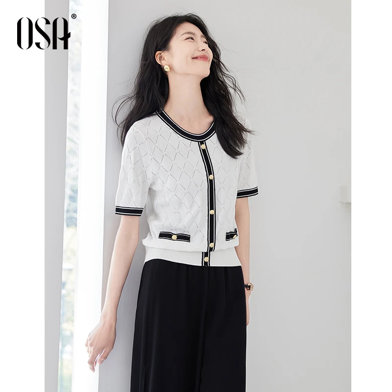 OSA/欧莎 小香风菱格短袖针织衫新款圆领软糯套头上衣S125B16020