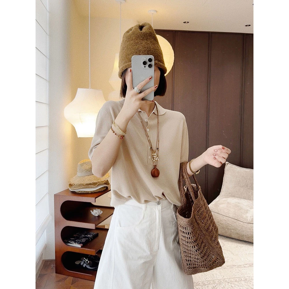 【MGDM】多色系半弧领简约针织休闲薄款polo透气短袖T恤上衣女