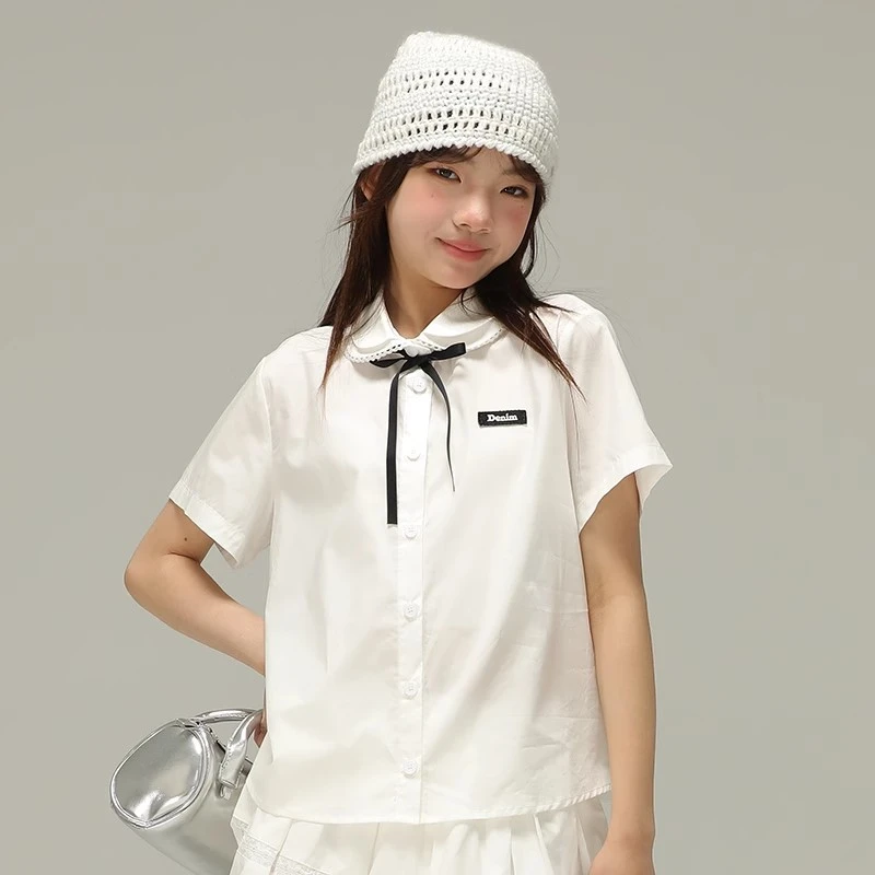 小女森女童夏季白衬衫娃娃领学院风短袖衬衣儿童蕾丝花边黑标上衣