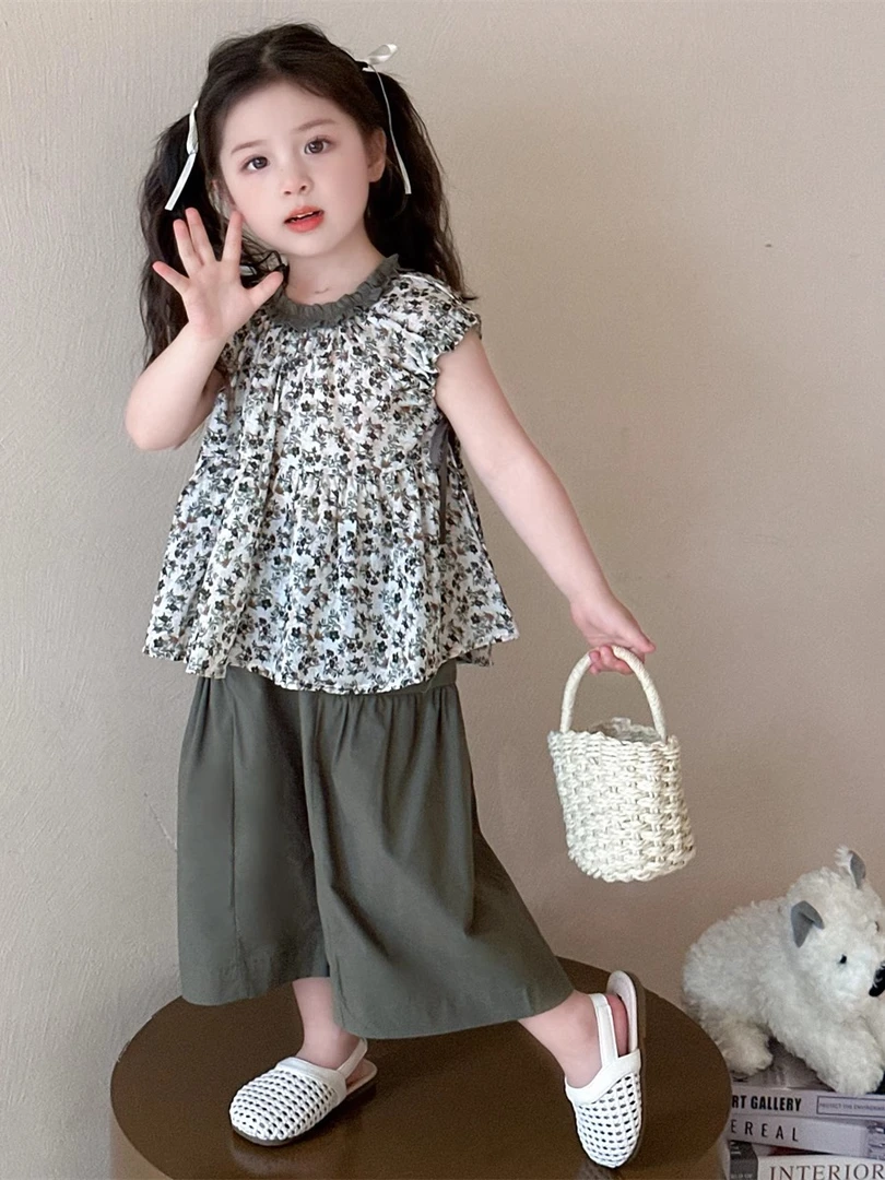 女童森系短袖T恤夏季2025新款儿童夏装碎花上衣女宝宝洋气阔腿裤