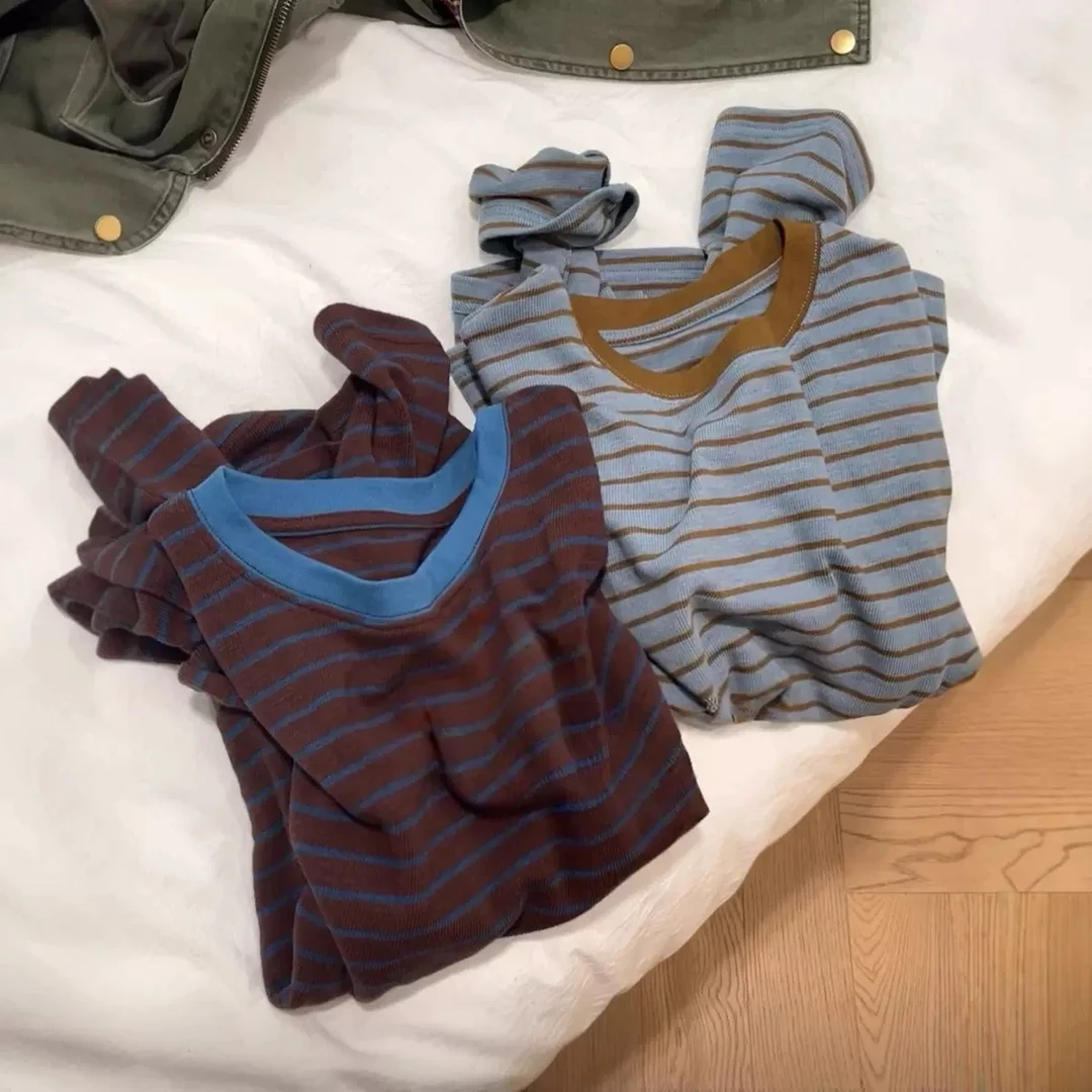 韩系条纹T恤~孕妇2025年秋季长袖韩版套头休闲风条纹宽松上衣打底