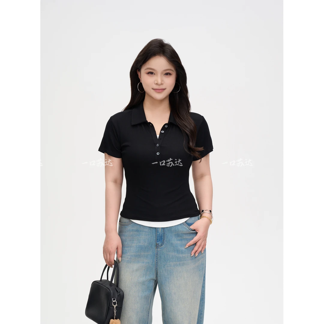 一口苏达POLO拼接 韩系ins慵懒风洋气女装百搭舒适显瘦拼接短袖