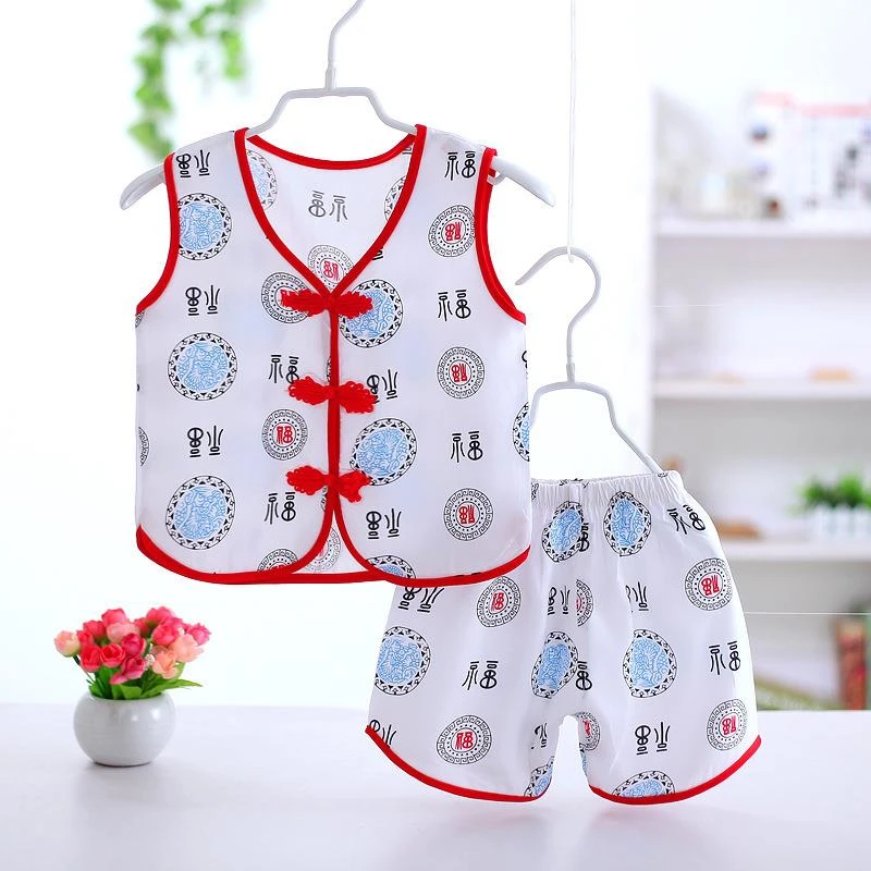 夏宝宝棉绸套装唐装开扣人造棉背心短裤睡衣儿童家居服铜条中国风