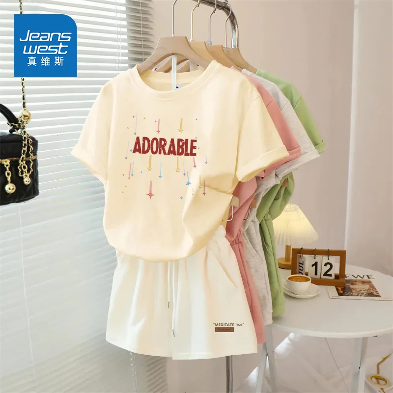 真维斯夏装女2025新款韩系学院风字母印花短袖t恤高中学生套装潮