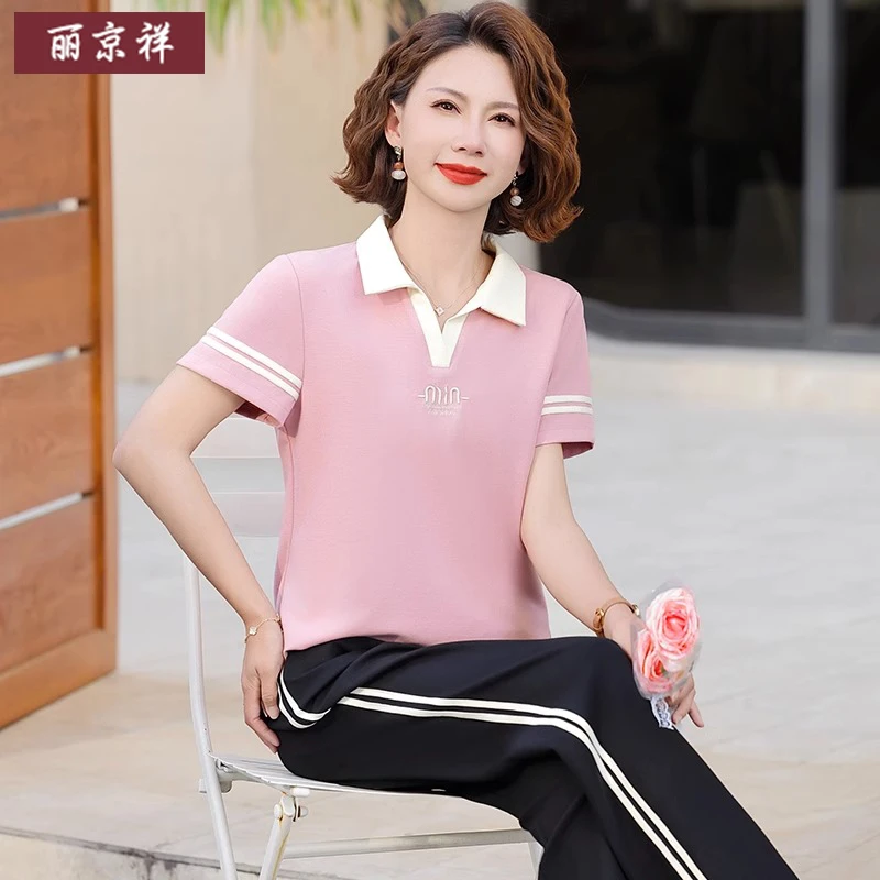 小个子妈妈夏装运动套装中老年人女装夏季短袖t恤洋气品牌上衣服