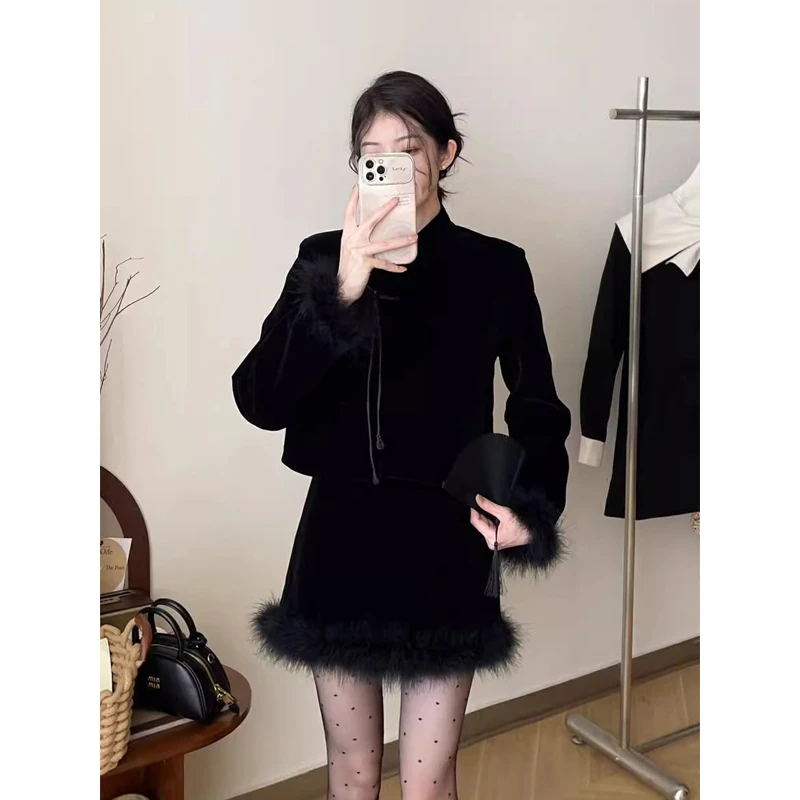 新中式套装女冬季新款复古气质丝绒外套盘扣高腰显瘦半身裙两件套