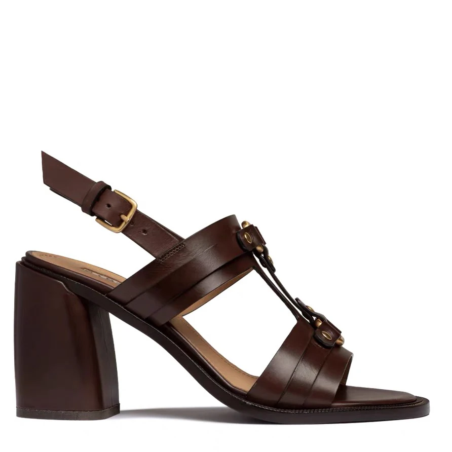 pomo棕色鞋子夏季一字扣粗跟凉拖鞋罗马风格高跟凉鞋