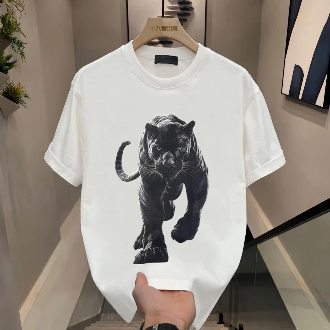新款纯棉轻奢美式潮牌复古个性黑豹印花男短袖T恤圆领宽松半袖潮