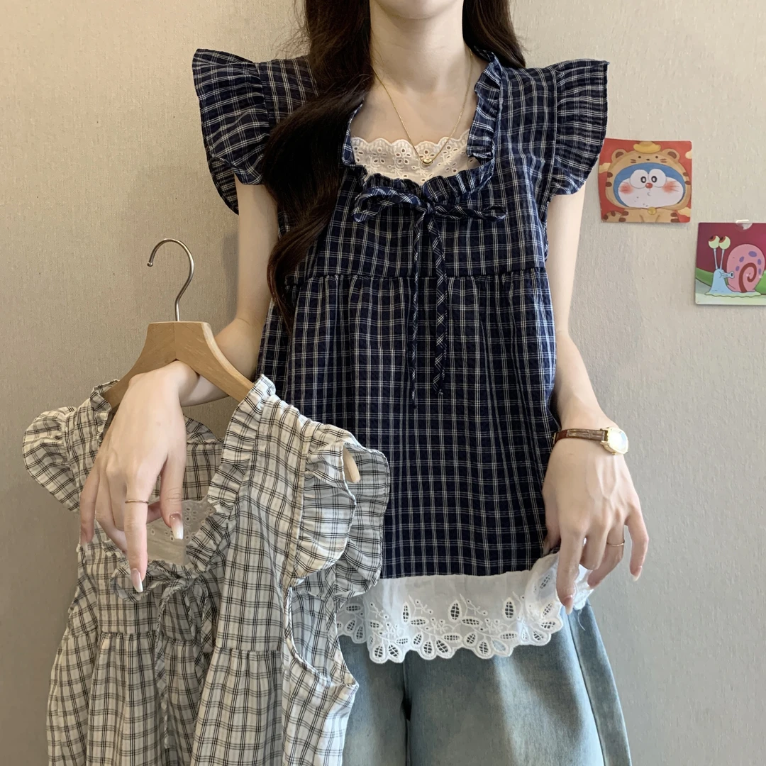韩系时尚格子假两件衬衫花边拼接减龄无袖娃娃衫木耳边小飞袖上衣