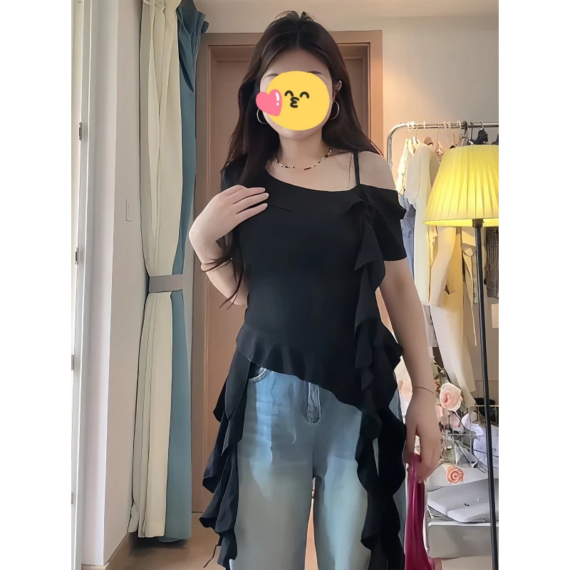 大码胖mm美式辣妹不规则露肩荷叶边飘带短袖T恤女夏修身显瘦上衣