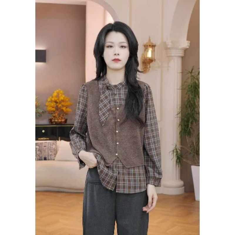 CYM3519美拉德格纹衬衫女2025秋季新款长袖叠穿马甲假两件上衣