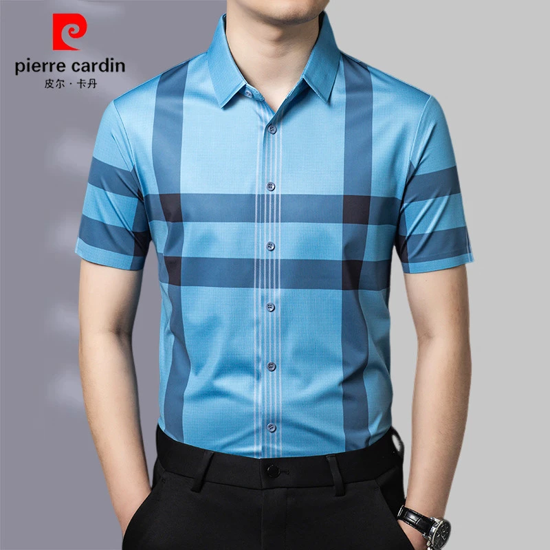 皮尔卡丹高端桑蚕丝夏季短袖衬衫男休闲商务弹力免烫薄款冰丝衬衣