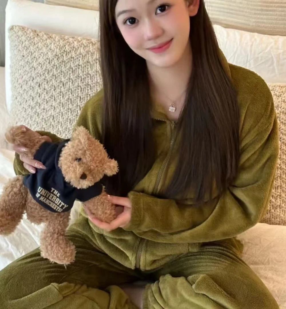 纯色保暖秋季成人厚款女松紧带常规款圆领长裤睡衣