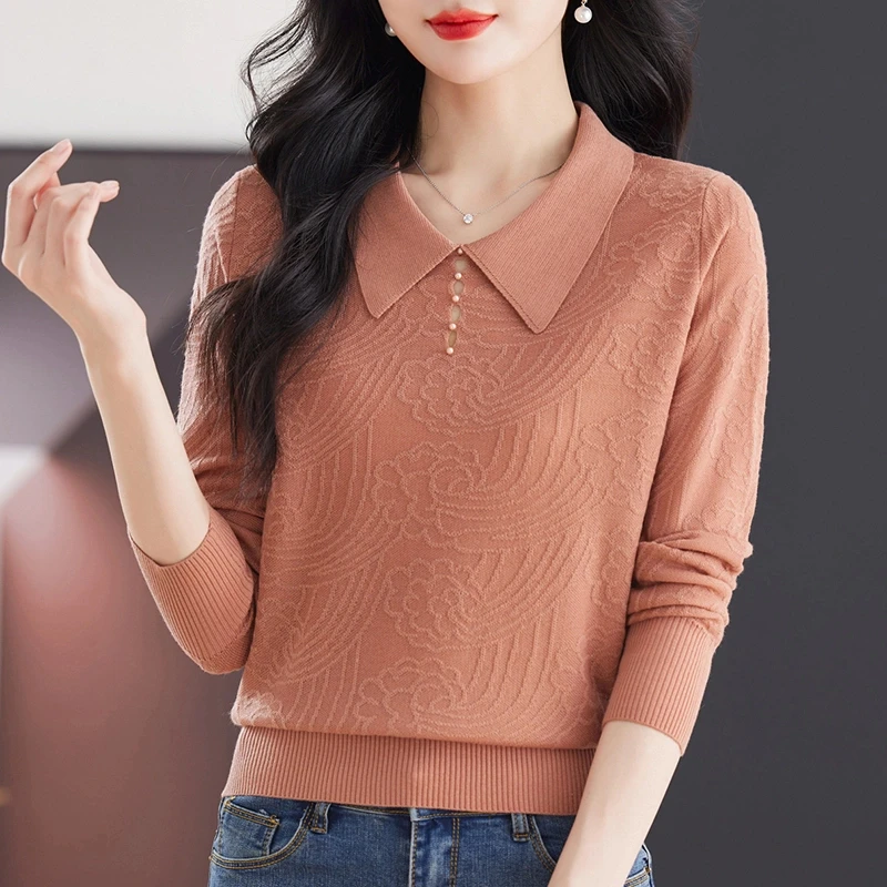 时尚百搭祥云针织衫宽松翻领上衣纯色薄款外穿毛衣打底衫洋气减龄
