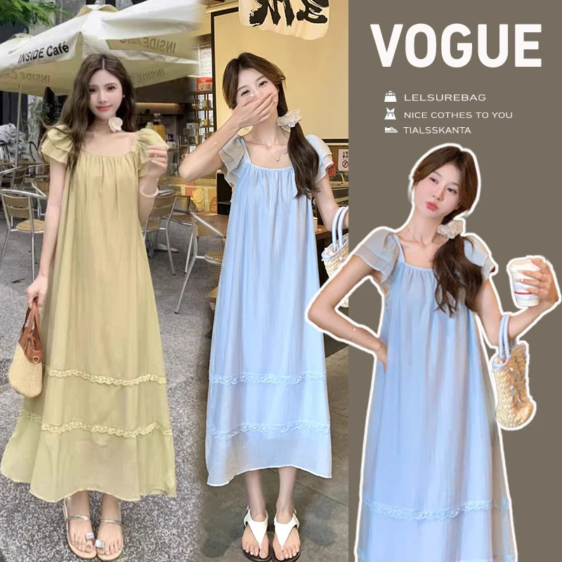 孕妇装夏系2025新款孕妇裙法式甜美飞飞袖遮肚显瘦仙女中长裙