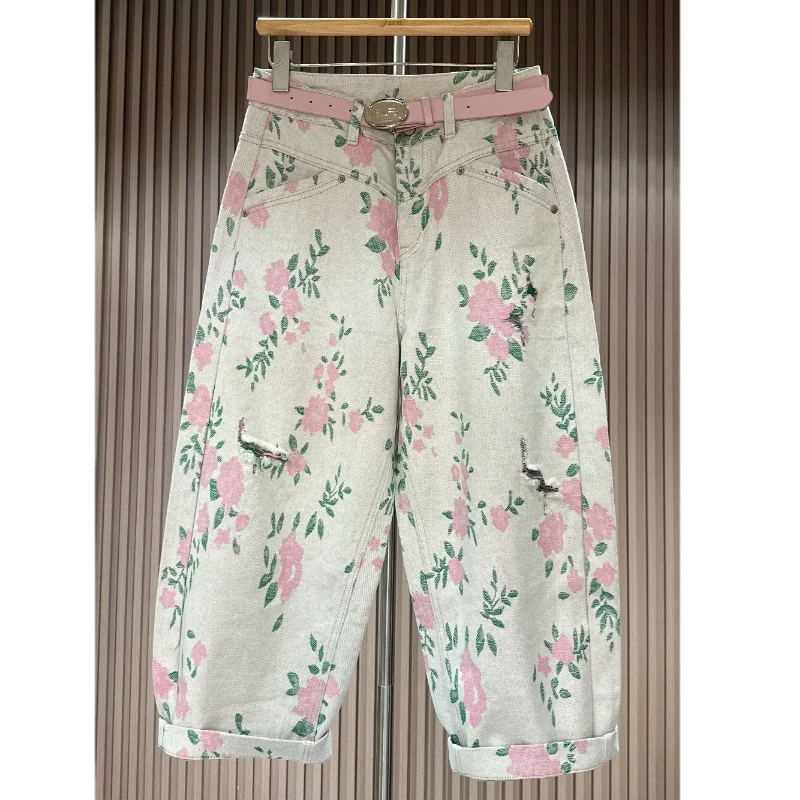 夏季百搭薄款提花洋气绣花牛仔老爹裤中高腰8分裤弯刀裤牛仔裤