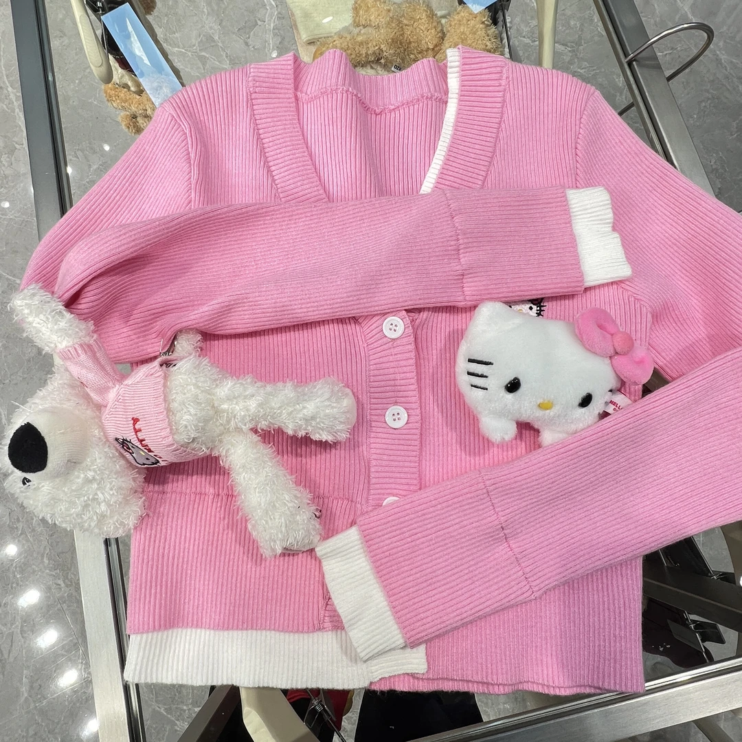 【YU·PP】（070）小众粉白拼接哈喽KiTI修身针织衫（P0255）