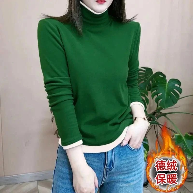 绿色高领长袖打底衫女秋冬德绒加厚拼色上衣保暖百搭正肩磨毛T恤
