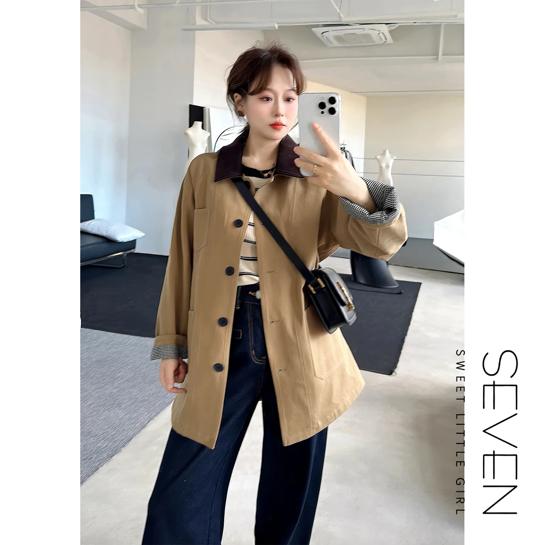 风的小外套⑧七七146小个子卡其色全棉翻领短款外套风衣女装小美说