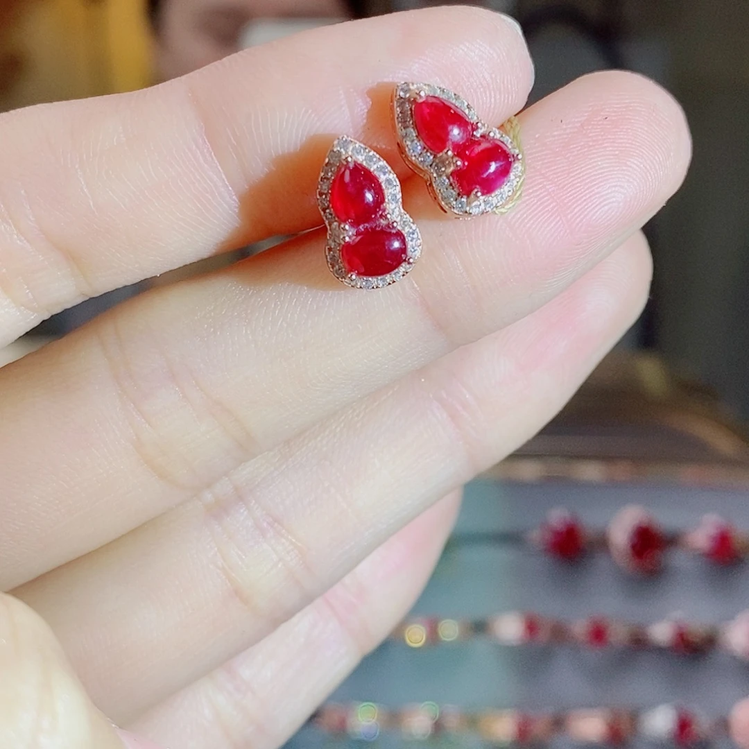 红宝石耳饰银S925镶嵌