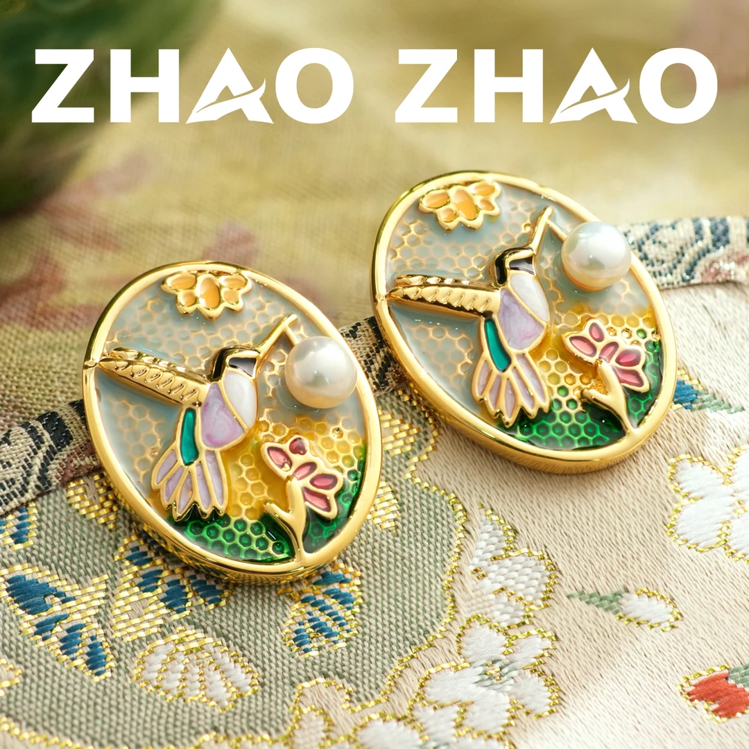 铜合金耳饰 「空中舞者」珐琅彩淡水款蜂鸟耳环吉祥寓意礼物