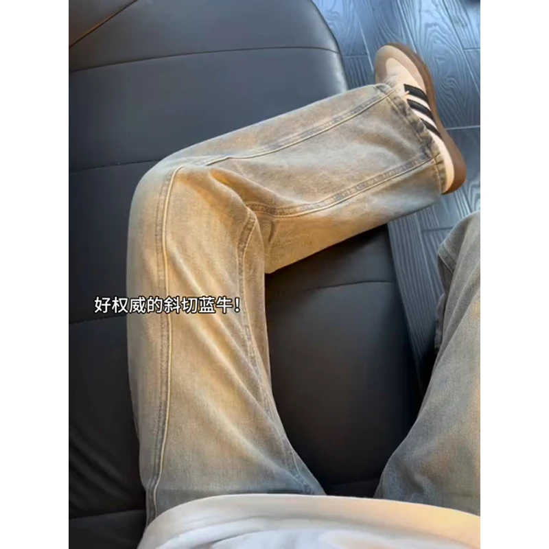 美式复古斜切微喇牛仔裤男款秋冬修身加绒弯刀裤子高街vibe直筒裤