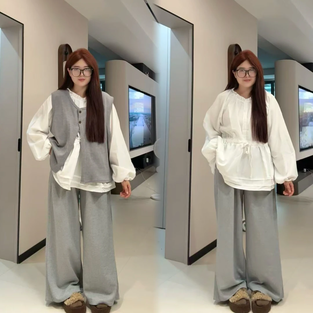 新款大码高级感洋气排扣衬衫通勤马甲高腰阔腿裤套装