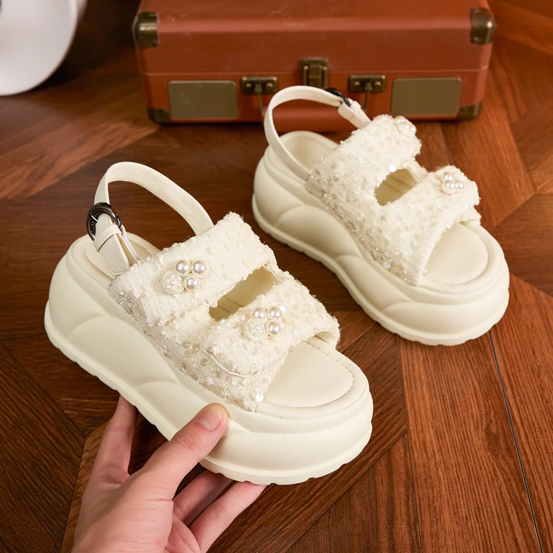 7cm厚底凉鞋女2025夏季魔术贴时尚外穿沙滩鞋轻便百搭小香风凉鞋