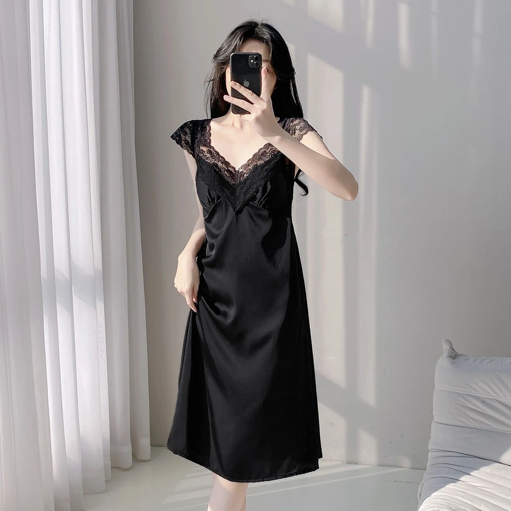 法式蕾丝吊带睡裙女带胸垫裙子夏款性感大码连衣裙显瘦气质黑裙子
