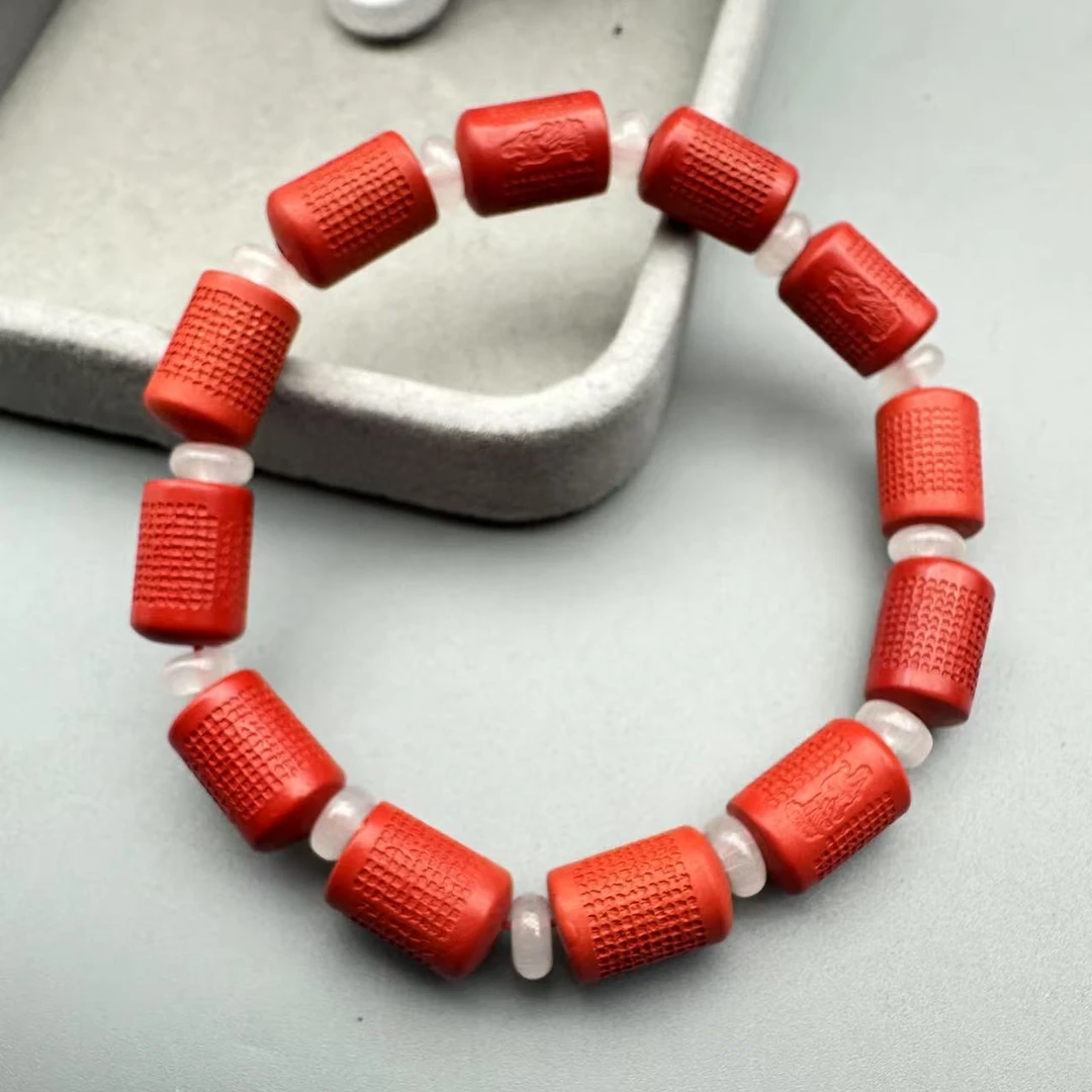 含辰砂工艺品HA321-红色雕刻桶珠配隔片单圈手串