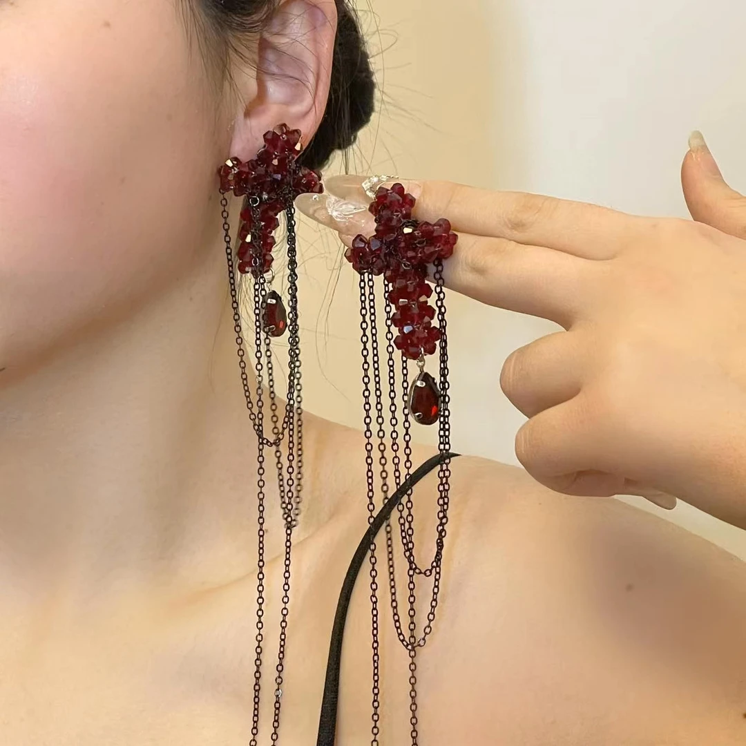 合金仿水晶耳饰 2195法式轻奢小众设计师超闪耳钉长款流苏耳钉